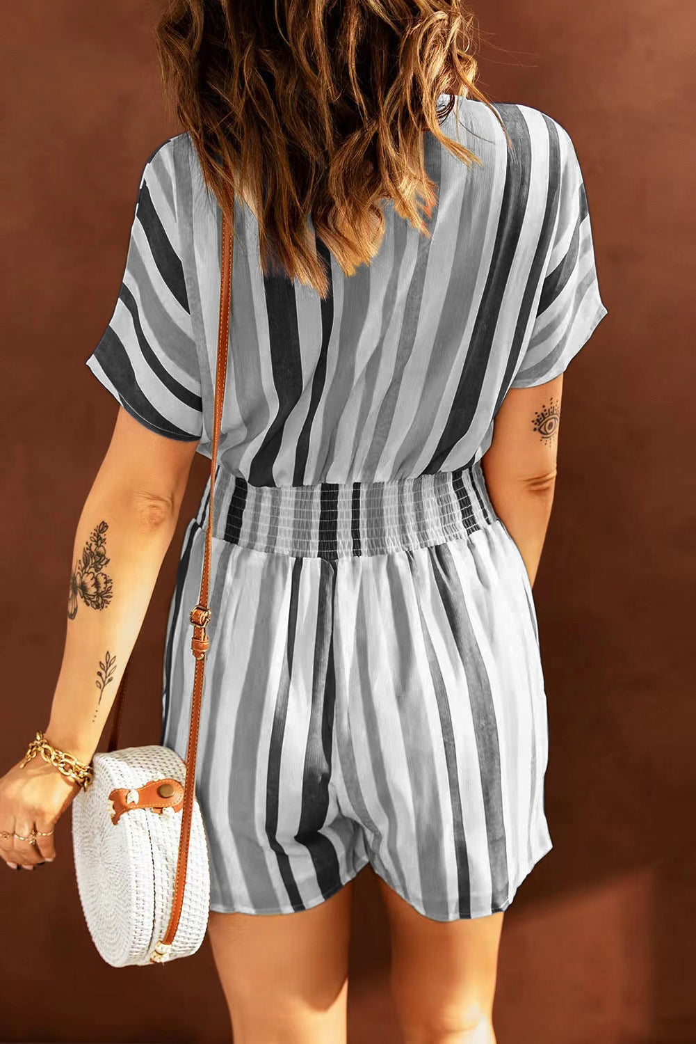 Summer Casual Striped Elastic Waist Romper Jumpsuits