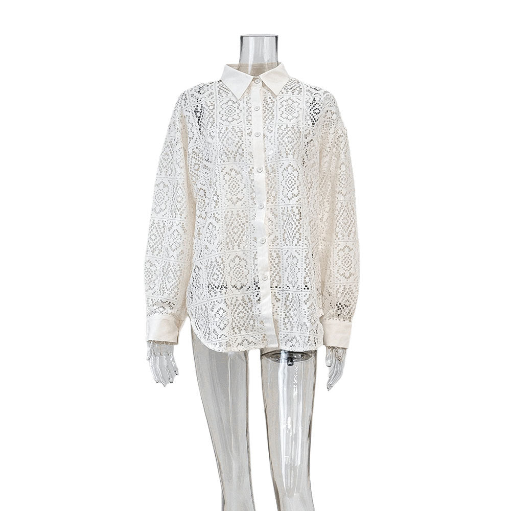 Vintage Lace Blouse – Women's Elegant Long Sleeve Sheer Office Shirt-Ivory-S-Free Shipping Leatheretro