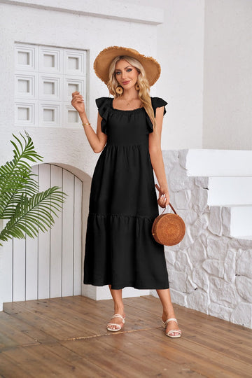 Flying Sleeve Square Neck Off Shoulder Pleated Hem Dress