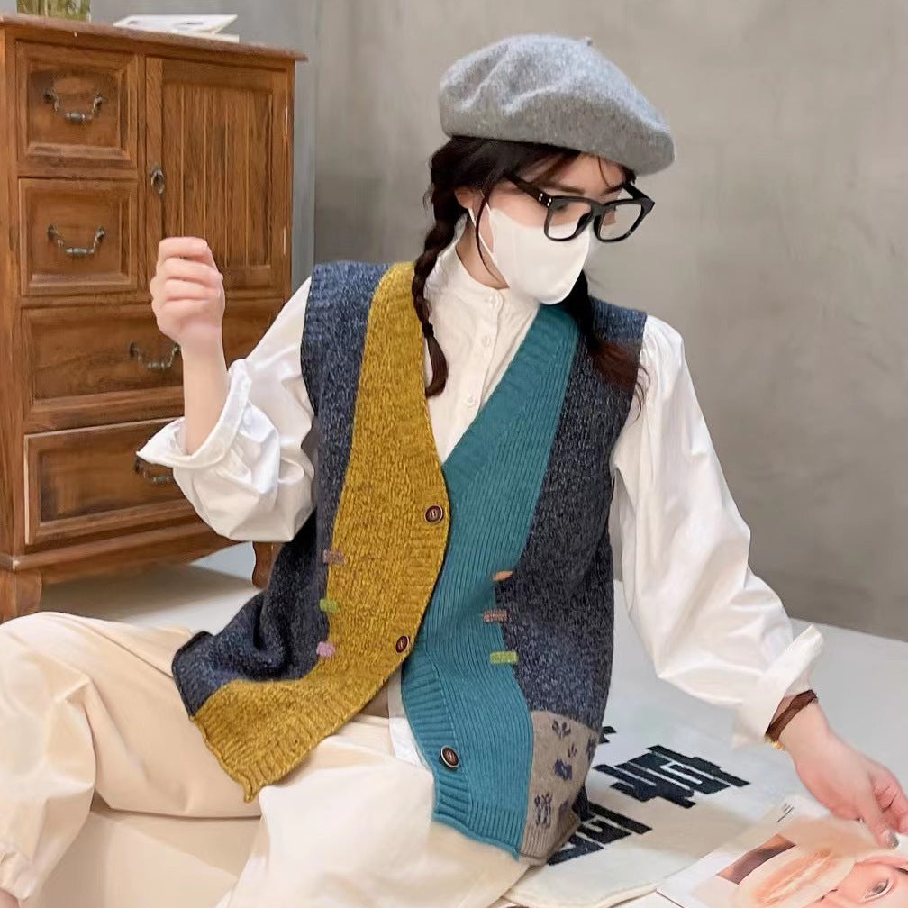 Designed Vintage V Neck Wool Knitted Vest Tops