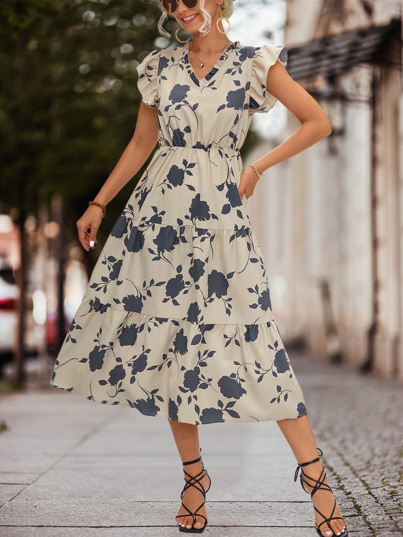 Casual V Neck Floral Print Women Dresses