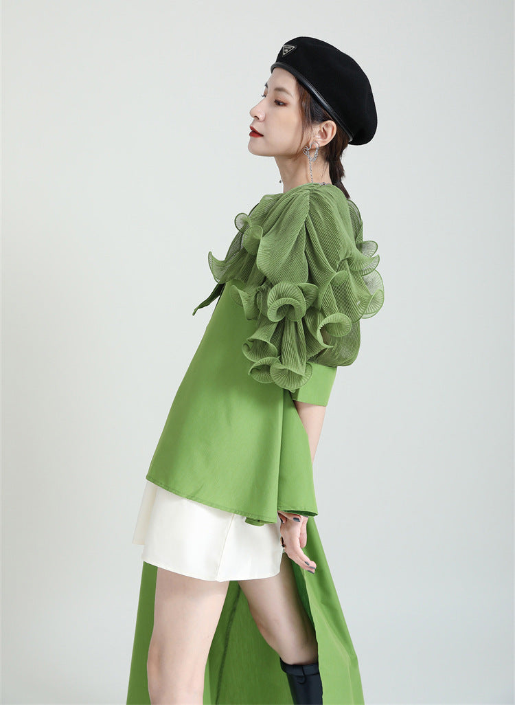 Summer Asymmetrical Bubble Sleeve Shirt Dress with Peplum Waist & Patchwork Design