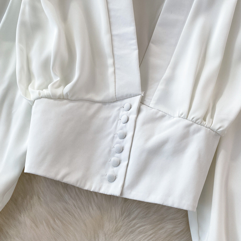Women's Fashion V-Neck Lantern Sleeve Crop Top