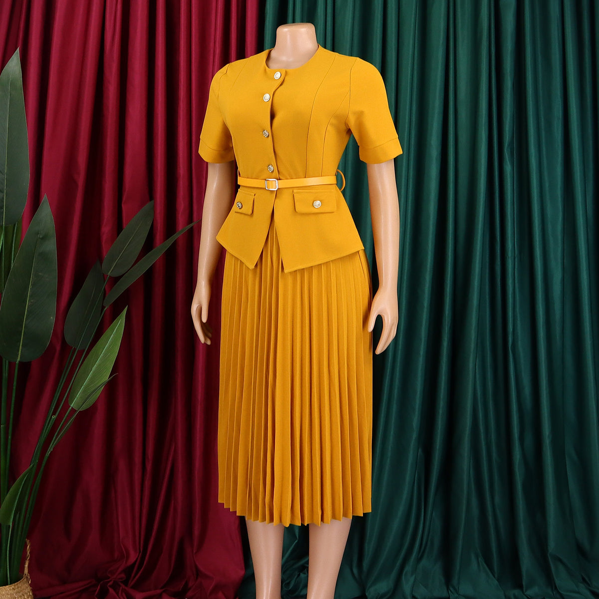 Summer  Round Neck Spliced Pleated Fake Two-Piece Solid Color Plus Size Dress