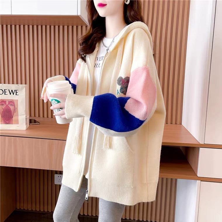 Women's Longline Color-Block Hooded Cardigan – Oversized Chunky Knit Sweater Coat