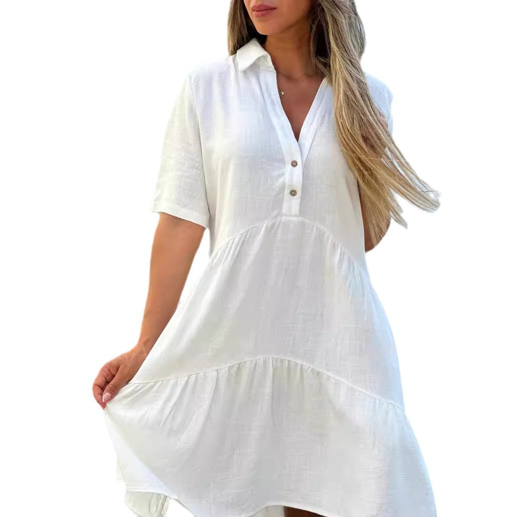 Women's Loose Fit Solid Color Lapel Casual Short Sleeve Linen Blend Dress