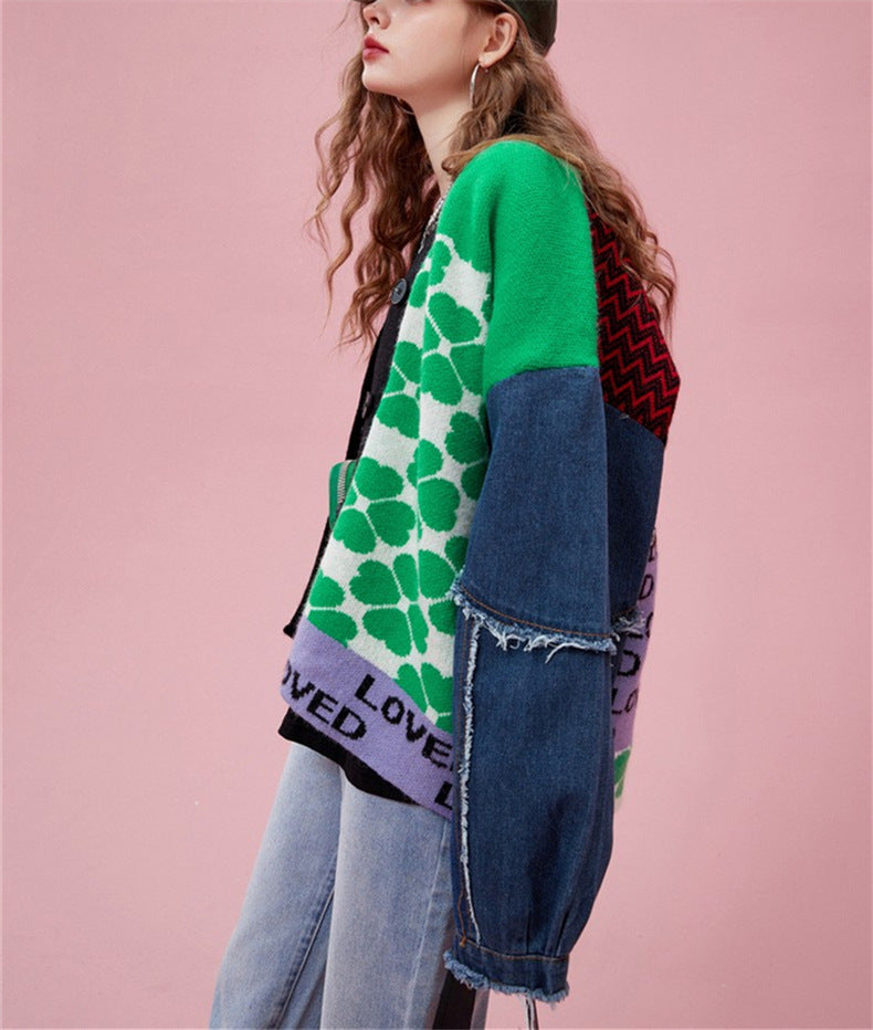 Women's Denim Patchwork Sweater Cardigan