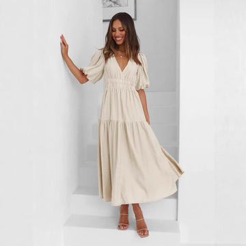 Chic Deep V Puff Sleeve Vacation Dress