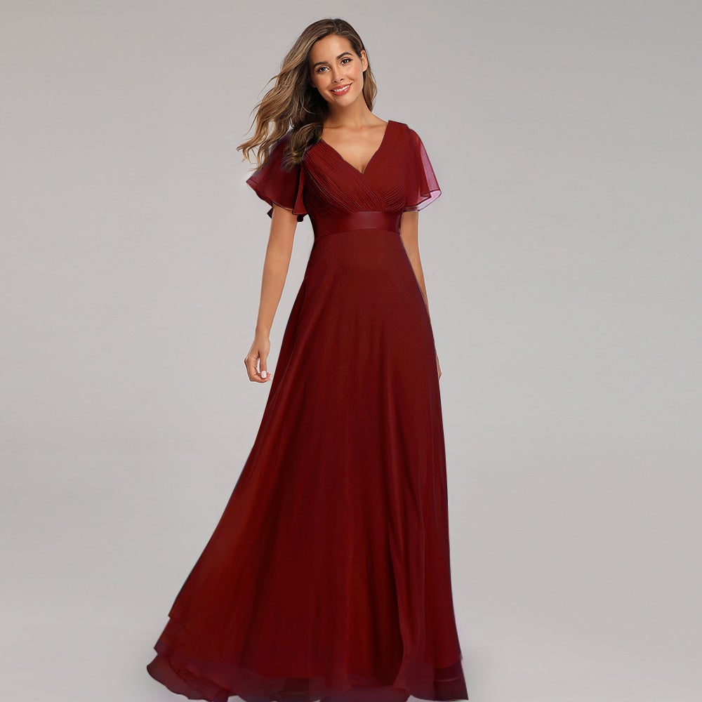 Elegant V Neck Chiffon Women Party Dresses-Dresses-Wine Red-S-Free Shipping at meselling99