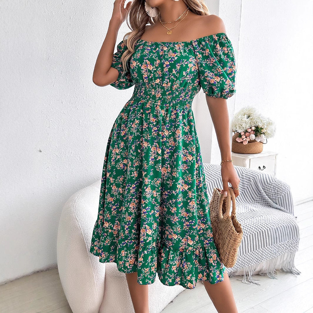 Floral Print Square Neck Short Sleeve Wrap Waist Ruffle Hem Dress