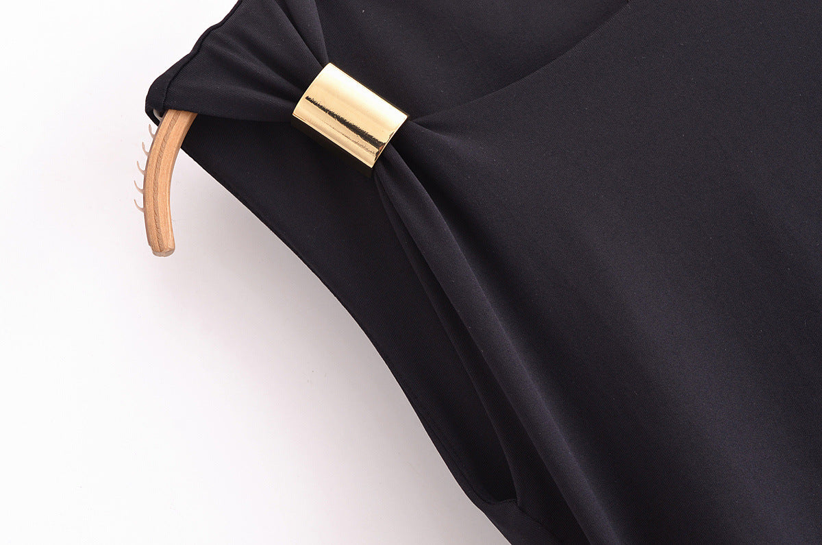 Gold Trim Asymmetrical Neckline Sleeveless Midi Dress