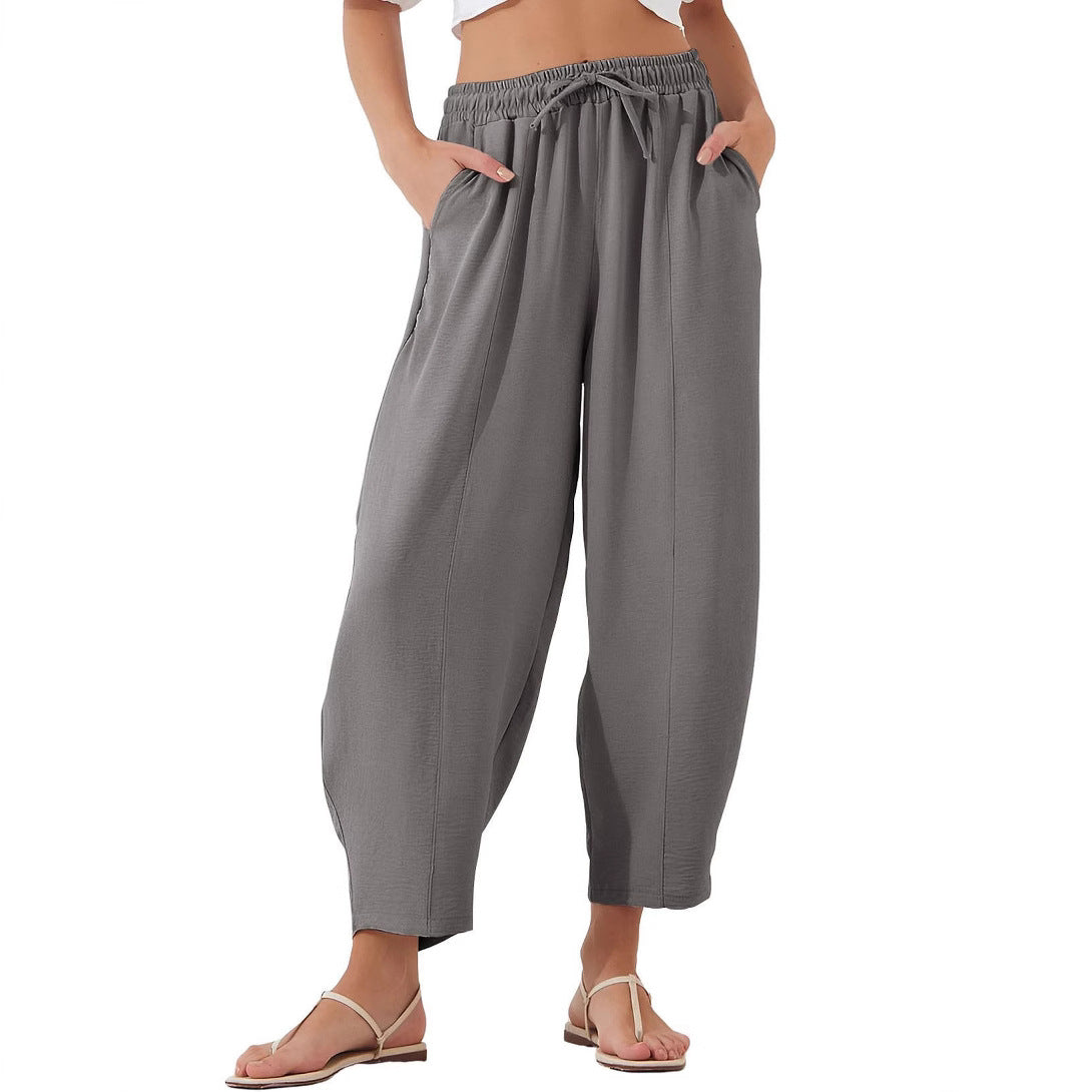 Women's Summer High-Waisted Loose Vacation Drawstring Casual Cropped Pants with Side Pockets