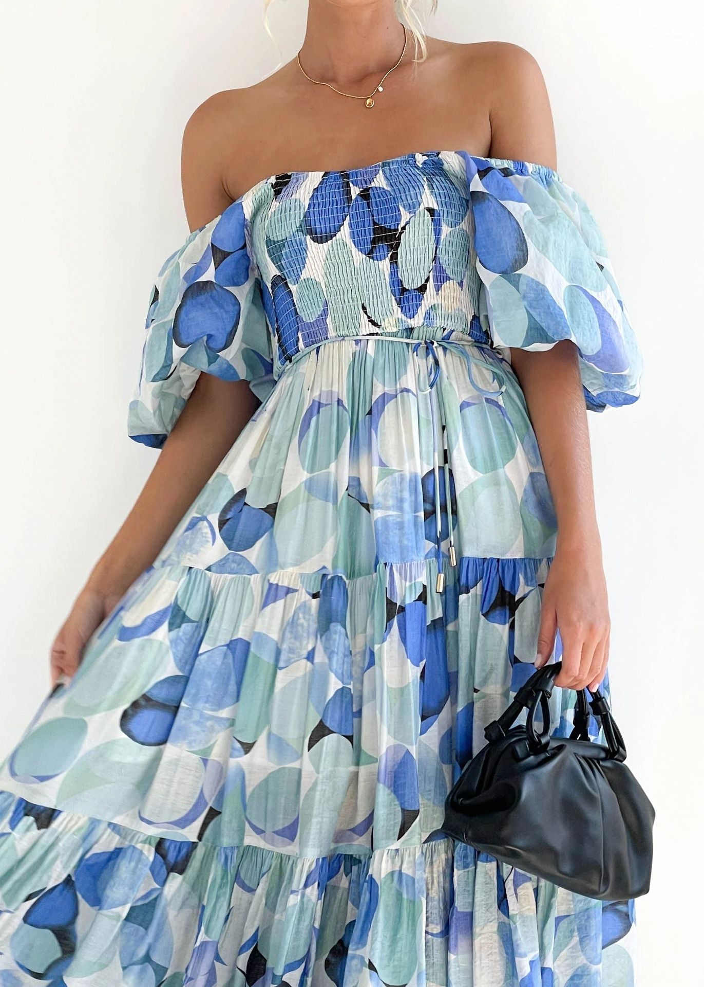 Flutter Sleeve High Waist Off-Shoulder Print Dress