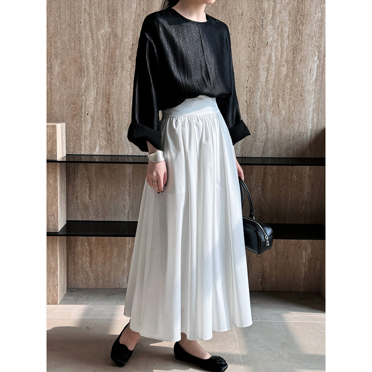 Elegant Pink Midi Skirt – Flowy A-Line Pleated Skirt with High Waist