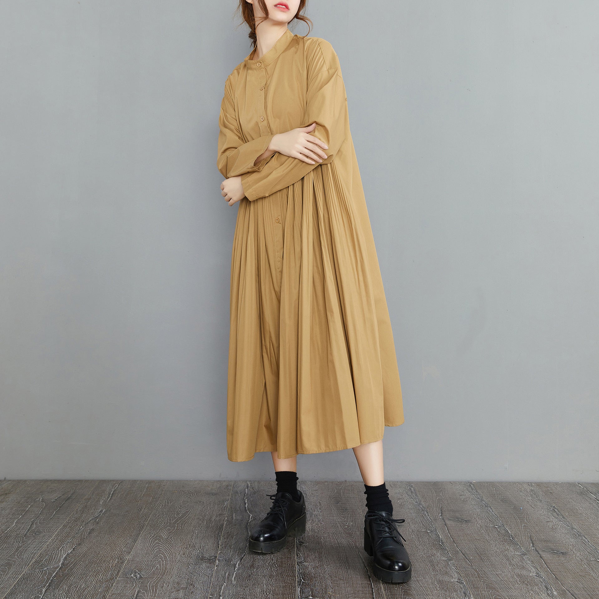 Vintage Stand Collar Plus Sizes Fall Shirts Dresses-Dresses-Free Shipping at meselling99