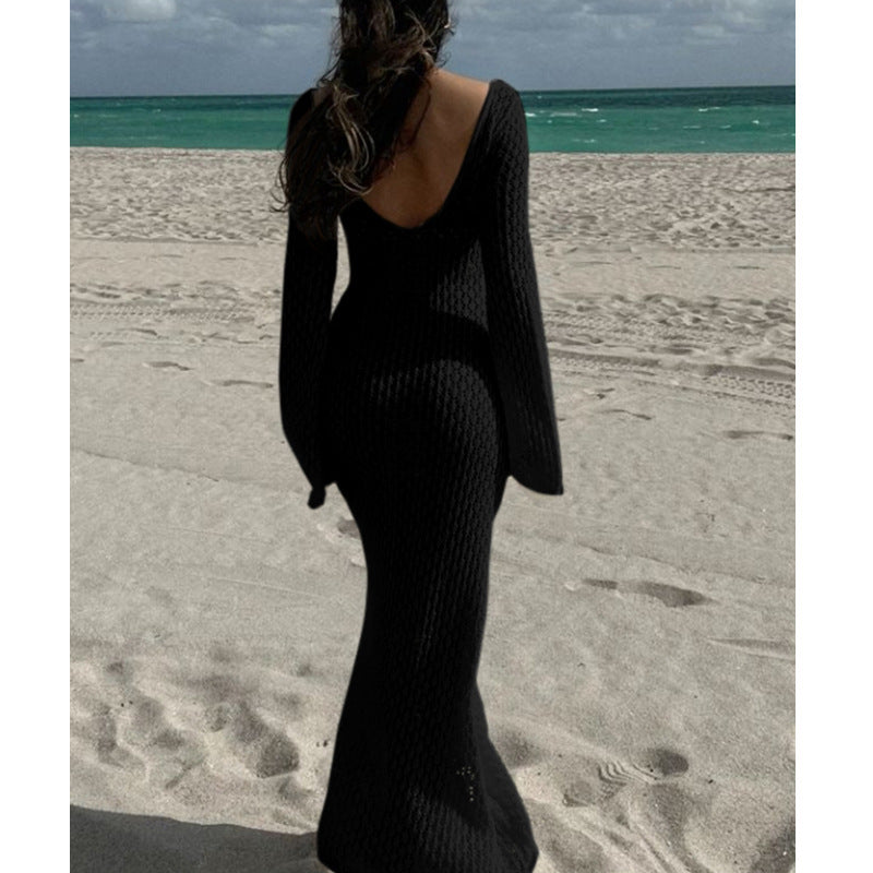 Women's V-Neck Long Sleeve Beach Cover-Up Dress