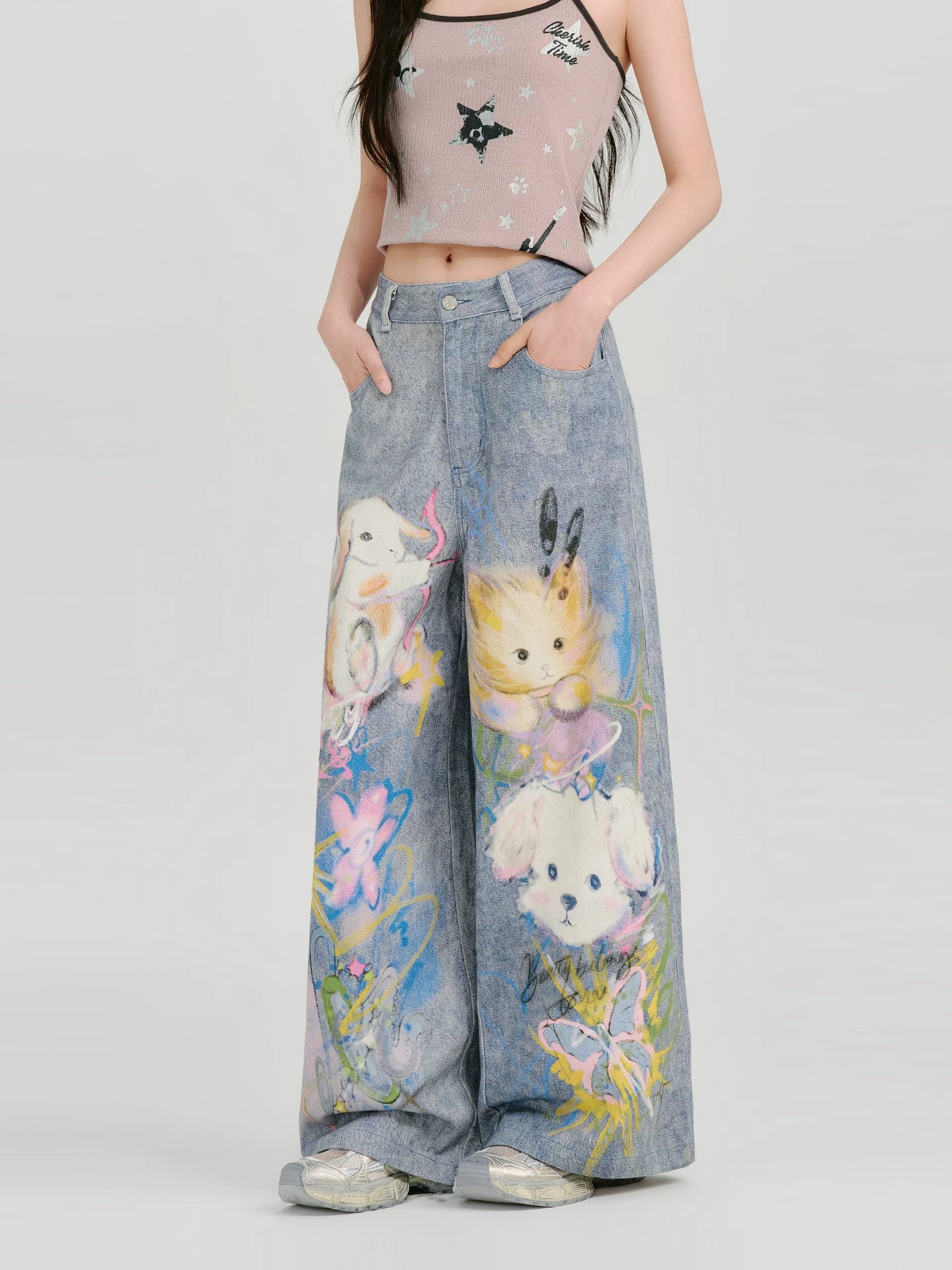 GirlyHao Vintage Tie-Dye Cartoon Print Wide Leg Jeans