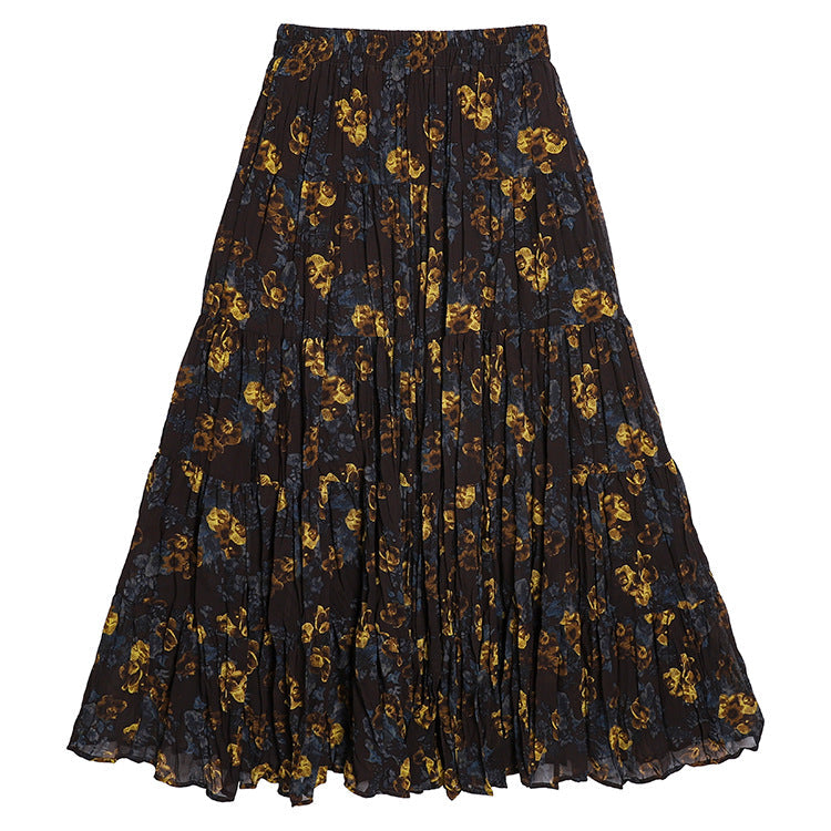 Yuan Su's new summer Wizard of Oz floral pleated skirt, high waist versatile and thin wrinkled A-shaped big swing skirt-Orchid - Coffee-one size fits all-Free Shipping Leatheretro