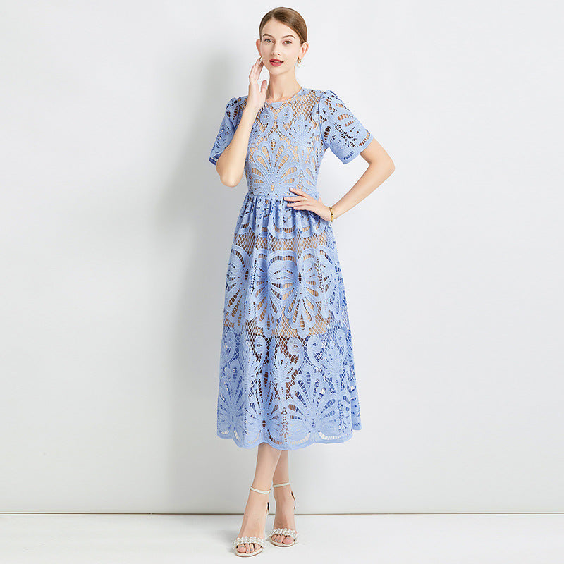 Elegant Slimming Waist with Hollow-Out Lace & Contrast  Dresses