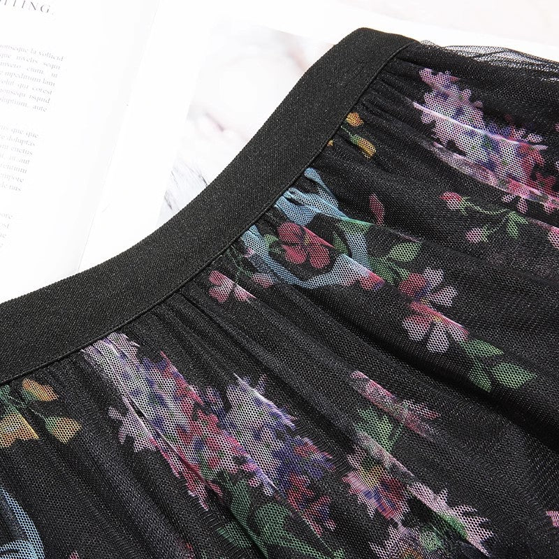 Women's Patchwork Print Mesh Cake Skirt