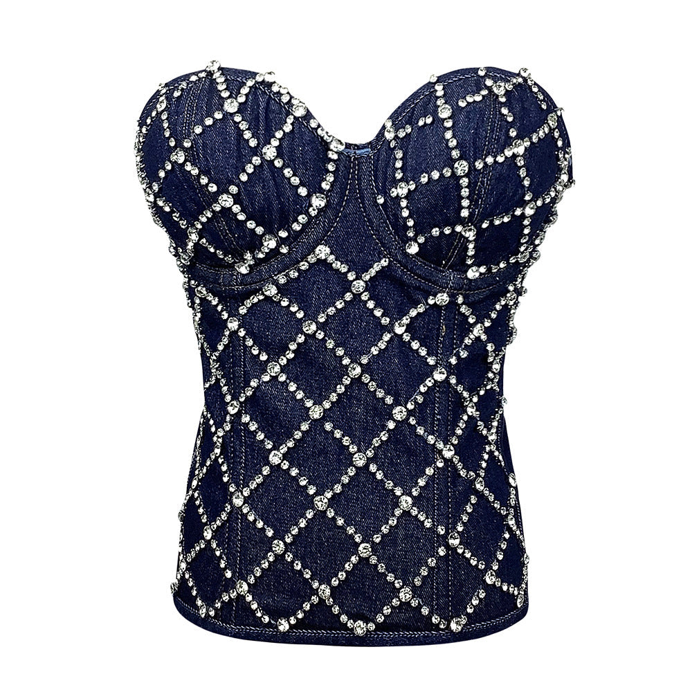 Vintage Diamond Studded Denim Corset Top