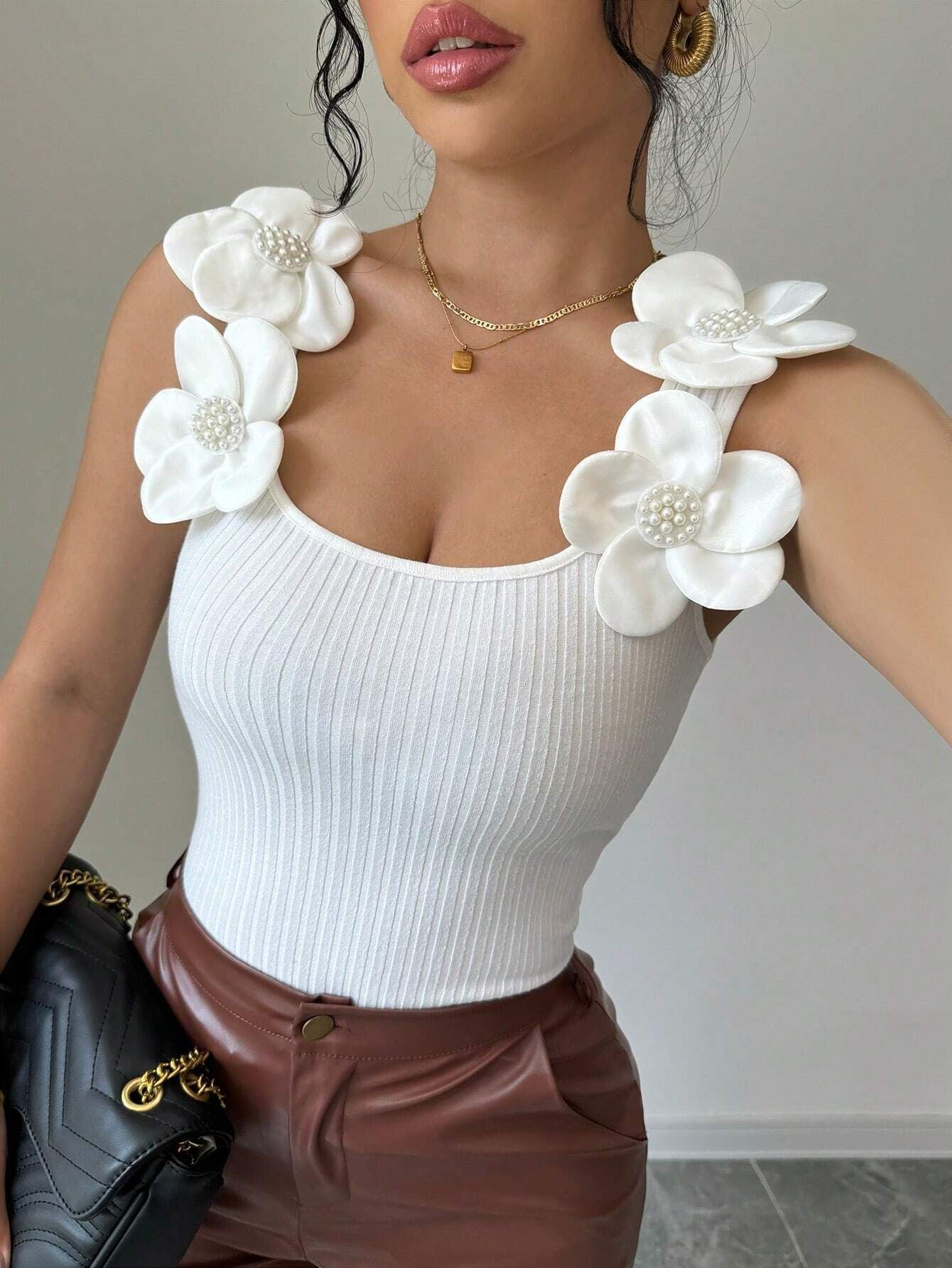 Summer Fashion Elegant Casual 3D Floral Embellished Knit Sleeveless Top