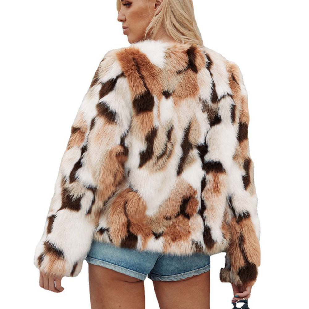 Women's Retro Colorblock Faux Fur Jacket