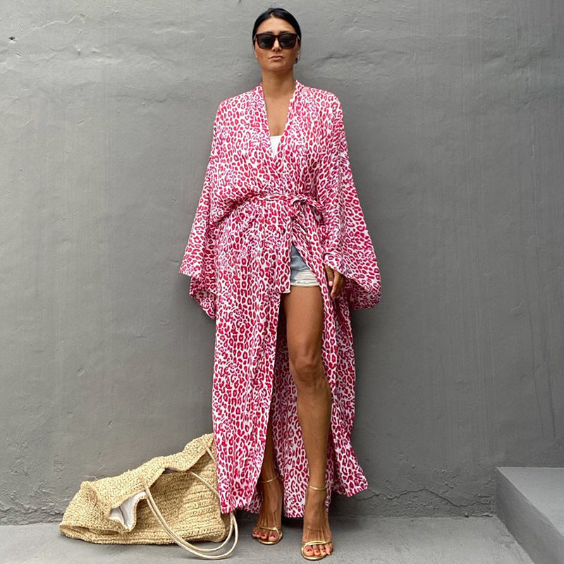 Leopard Print Long Kimono Cover-Up