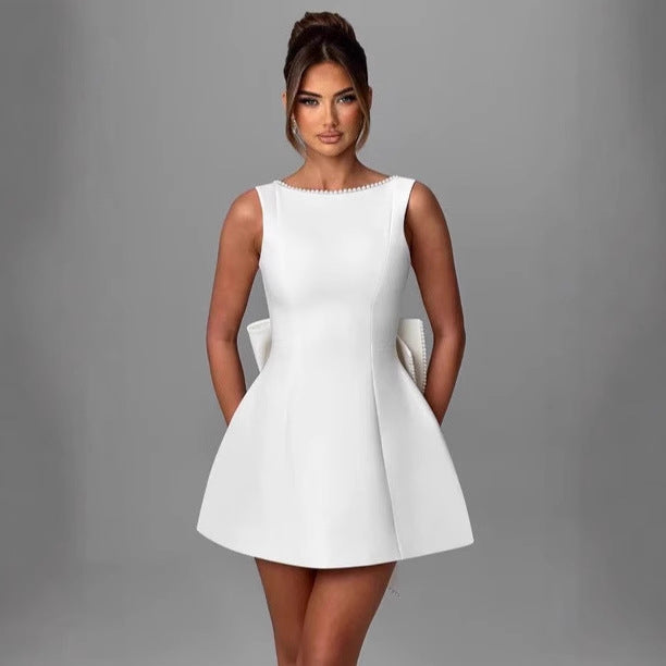 Summer Pearl Bow Backless A-Line Mini Dress