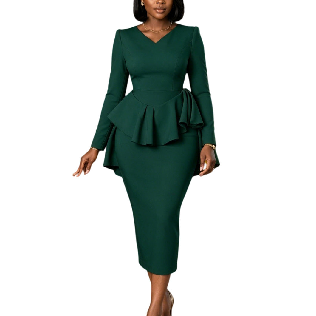 Elegant V-Neck Ruffle Waist Midi Dress