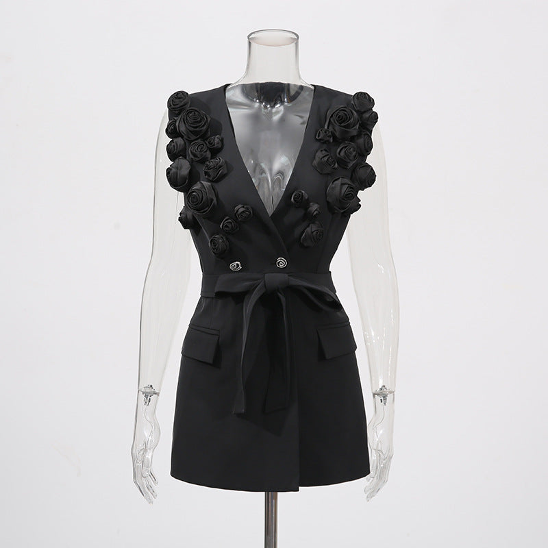 Designed Women's Fashion Floral Patchwork Sleeveless Tie-Front Vest & High-Waisted Wide-Leg Trousers Set