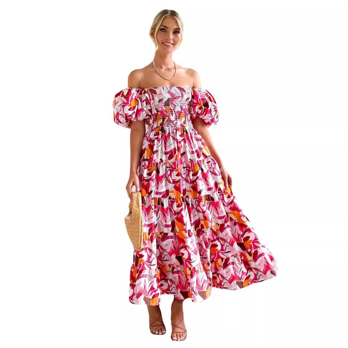 Flutter Sleeve High Waist Off-Shoulder Print Dress