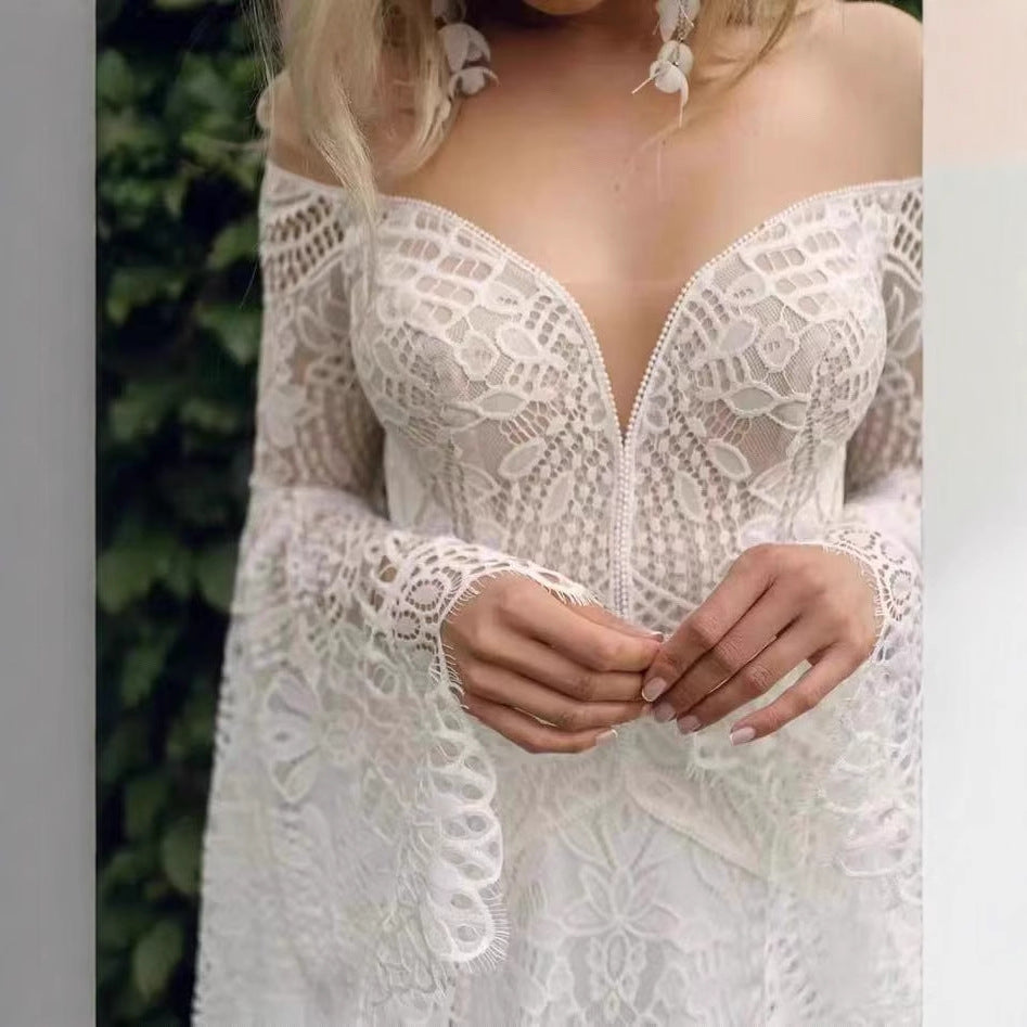 V-Neck Lace Backless Light Wedding Dress