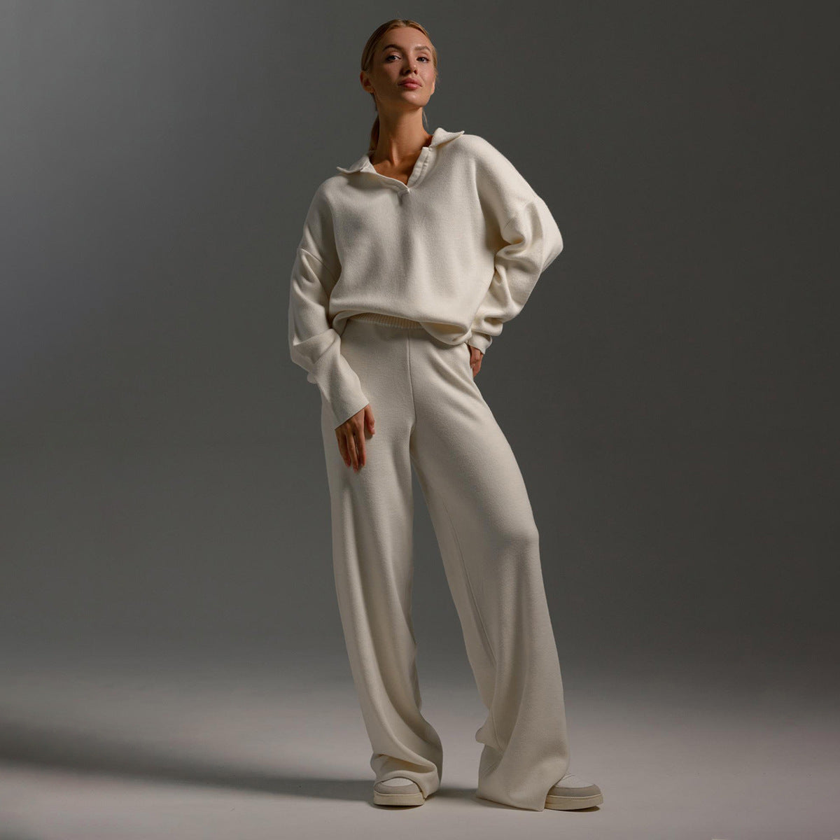 Fashion Winter Polo Neck Knitted Tops & Wide Legs Pants