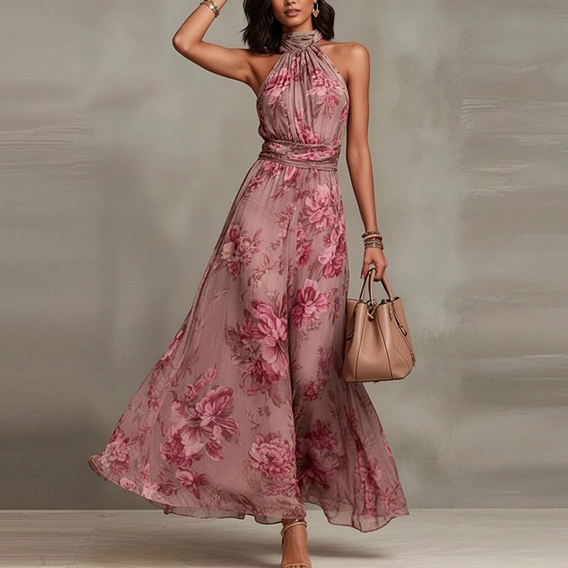 Elegant Halter Neck Sleeveless Print Maxi Dress