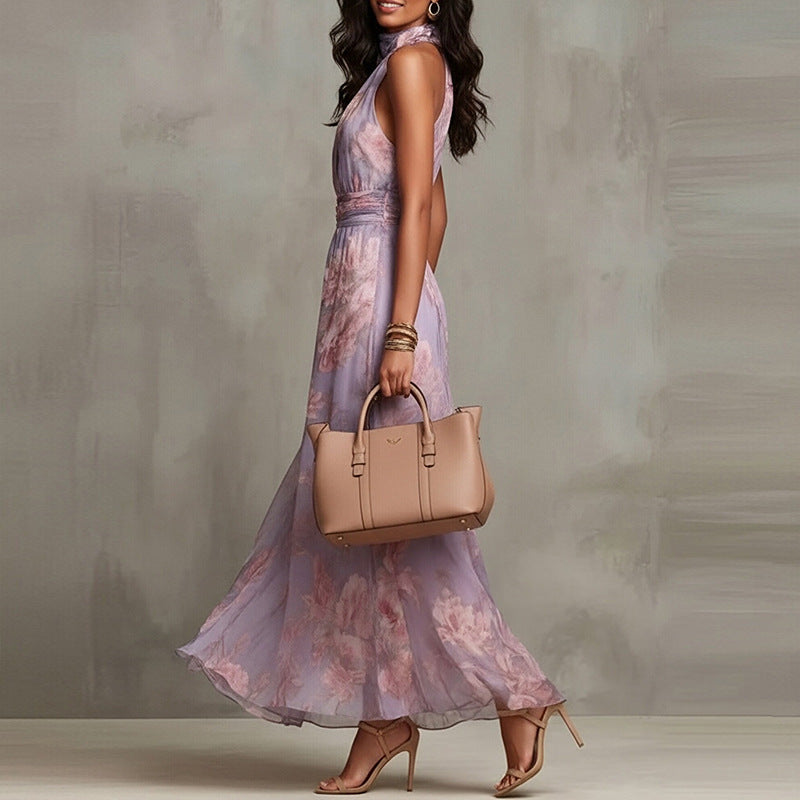 Elegant Halter Neck Sleeveless Print Maxi Dress