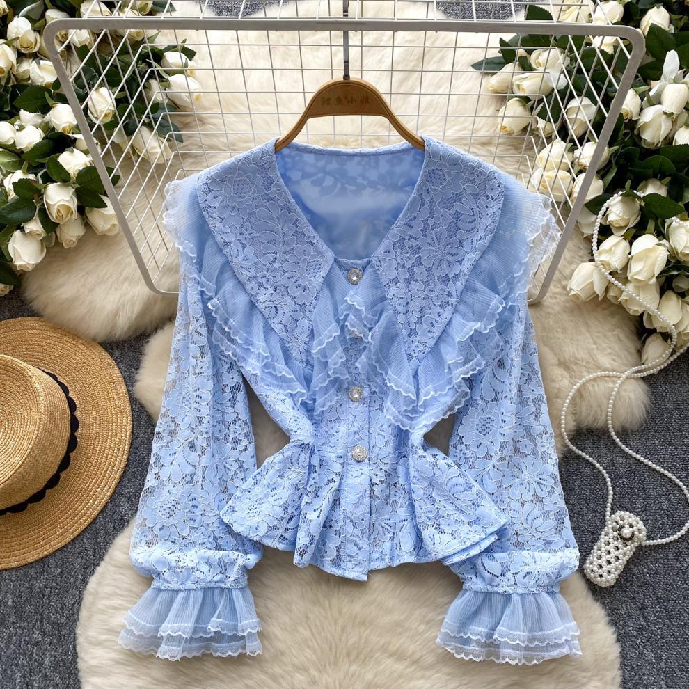Lace Patchwork Lantern Sleeve Blouse