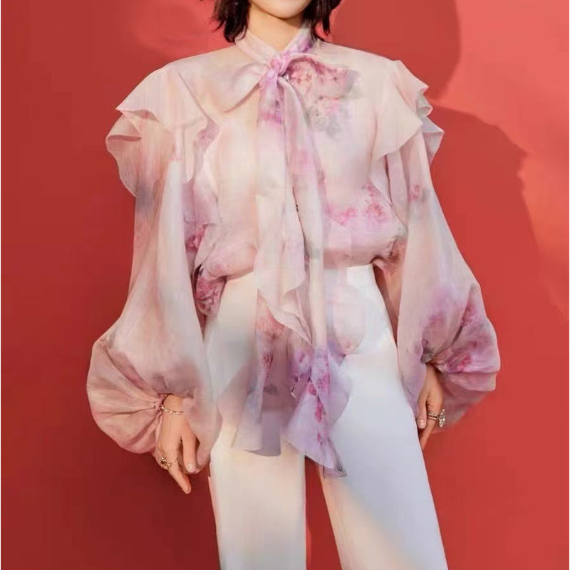 Bow Tie Lantern Sleeve Ruffle Blouse