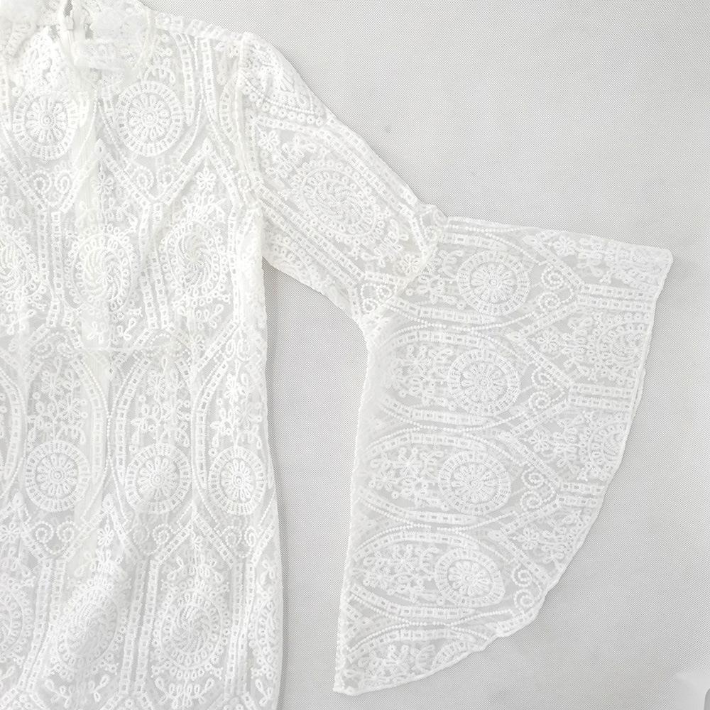 White Lace Trumpet Sleeves Women Party Dresses-Dresses-Free Shipping at meselling99