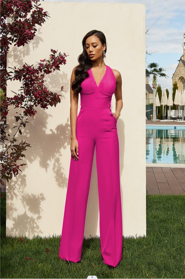 Sexy Shoulder Straps Rose Red Wide Legs Jumpsuits-Suits-Free Shipping at meselling99