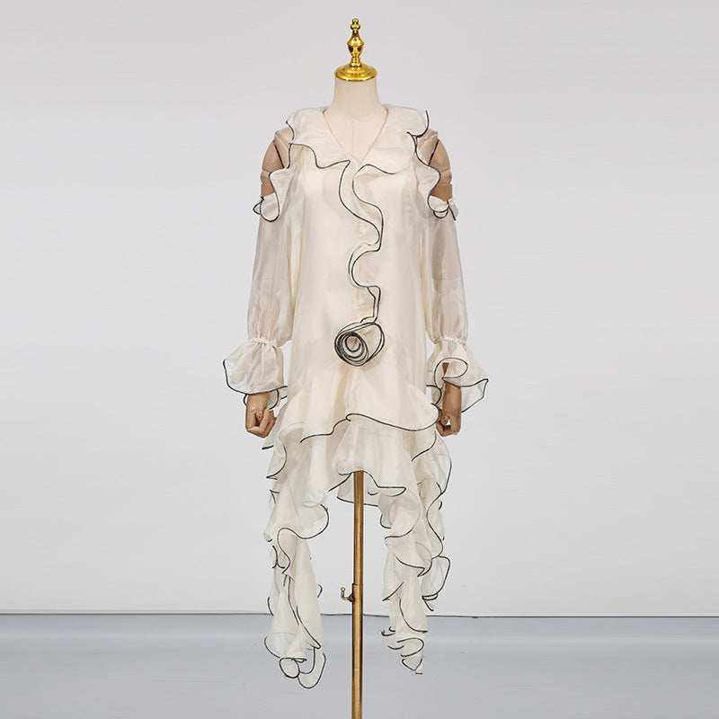 Designed Elegant Resort-Style Lace Trim White Short Dress