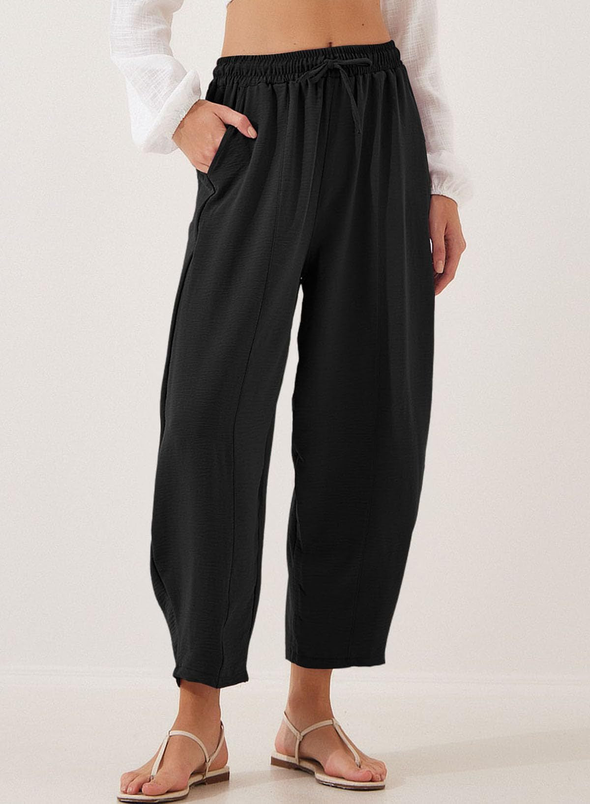 Women's Summer High-Waisted Loose Vacation Drawstring Casual Cropped Pants with Side Pockets