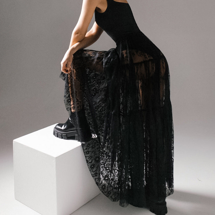 Black Sheer Lace High Waist Pencil Skirt