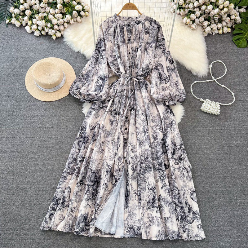 Retro Palace Style Lantern Sleeve Round Neck A-Line Floral Print Button-Down Waist Dress