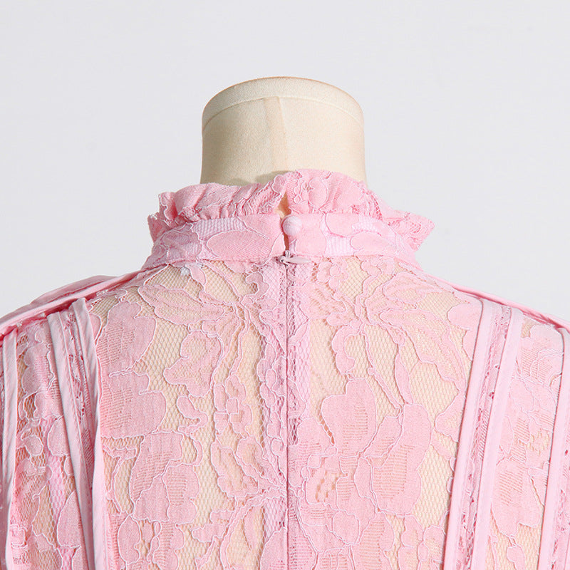 Retro Elegant Summer Lace Embroidered High-Waist Pleated Dress