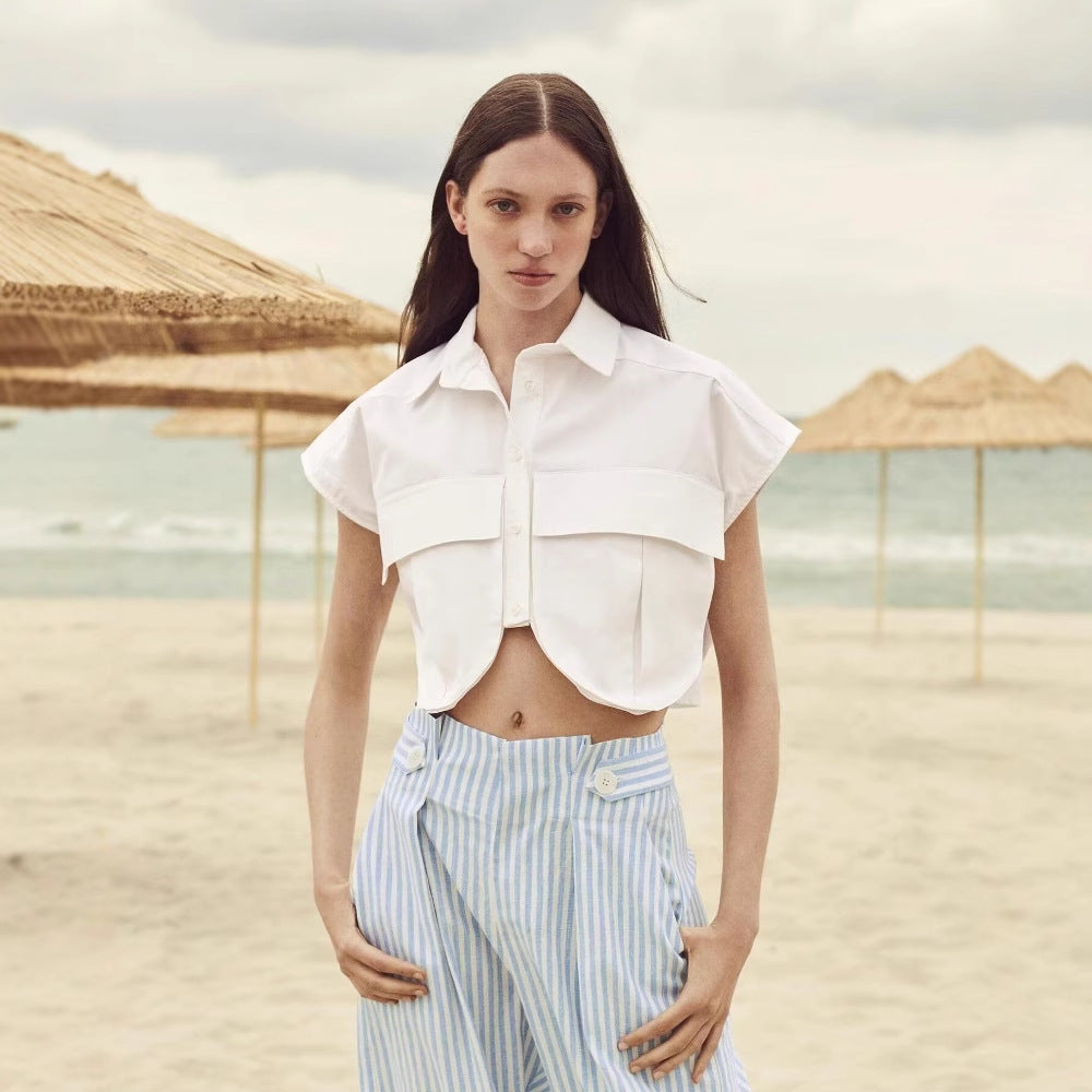 Women's Solid Color Oversized Pocket Sleeveless Polo Collar Denim Shirt Top