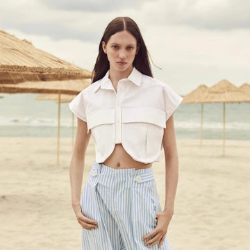 Women's Solid Color Oversized Pocket Sleeveless Polo Collar Denim Shirt Top