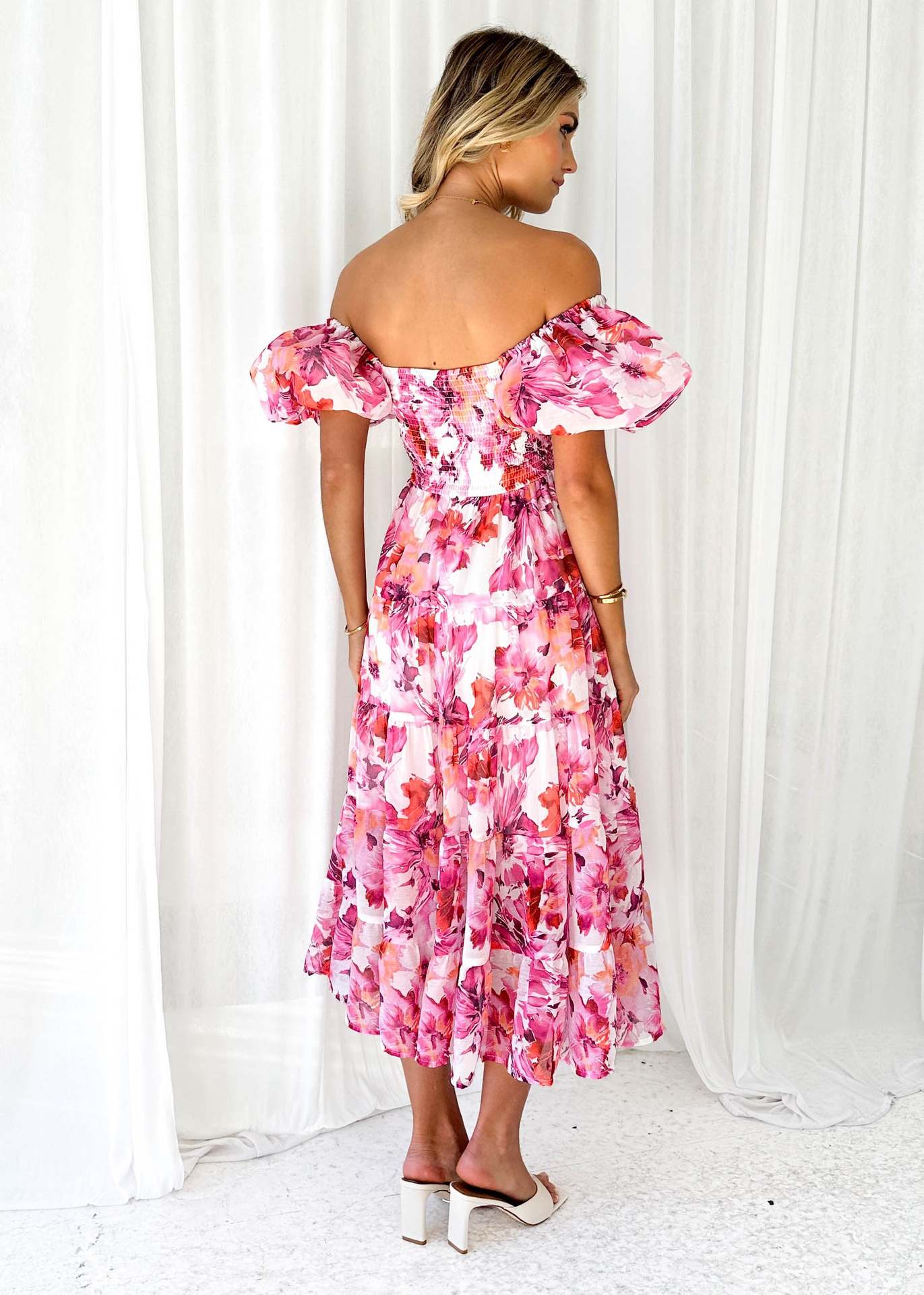Spring Summer Off-Shoulder Floral Print Puff Sleeve Dress