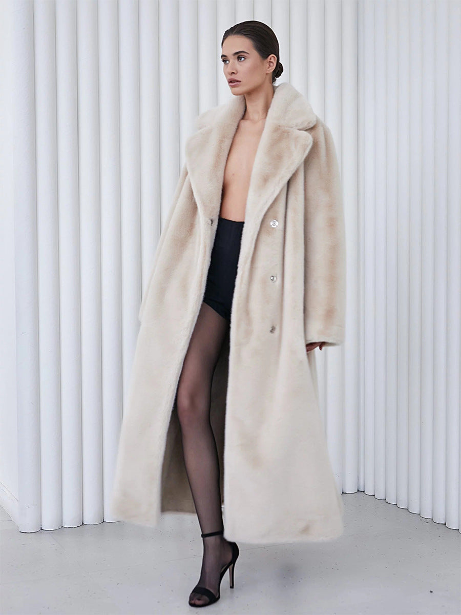 Women's Long Plush Fur Coat with Belted Waist & Notched Lapel