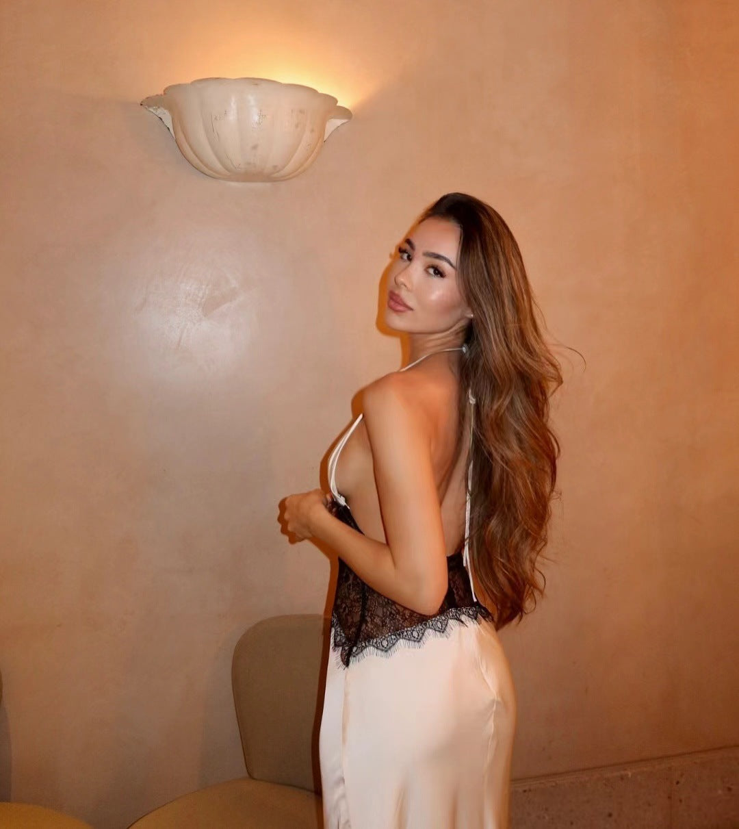 Elegant & Sexy Deep V Backless Lace Sheath Dress with Tie Detail